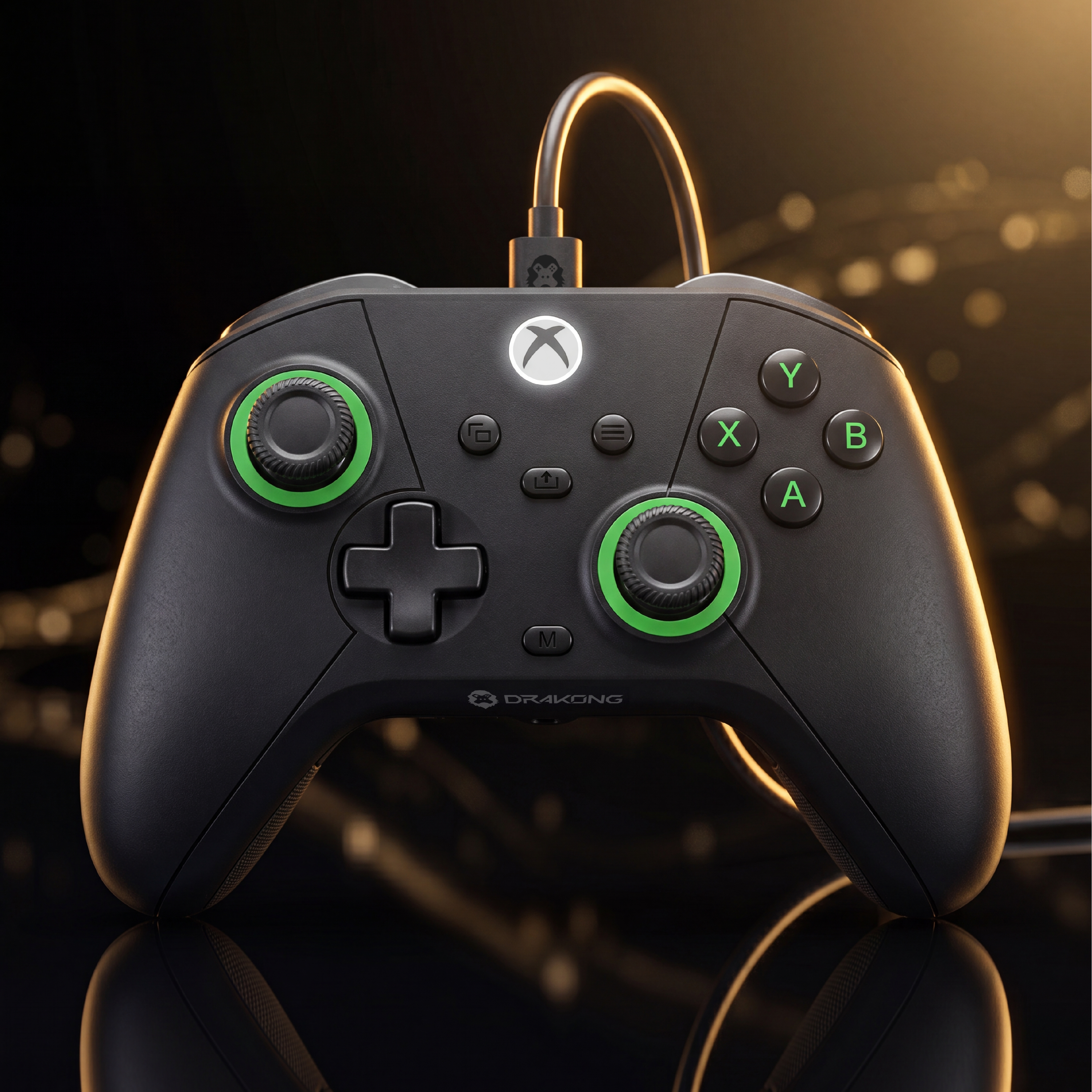 Black gaming controller with green accents on a reflective surface, against a dark background.