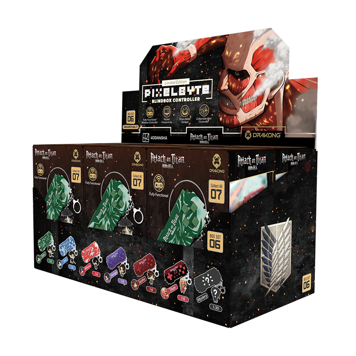 PixelByte Attack on Titan blind box retail display filled with individual blind boxes