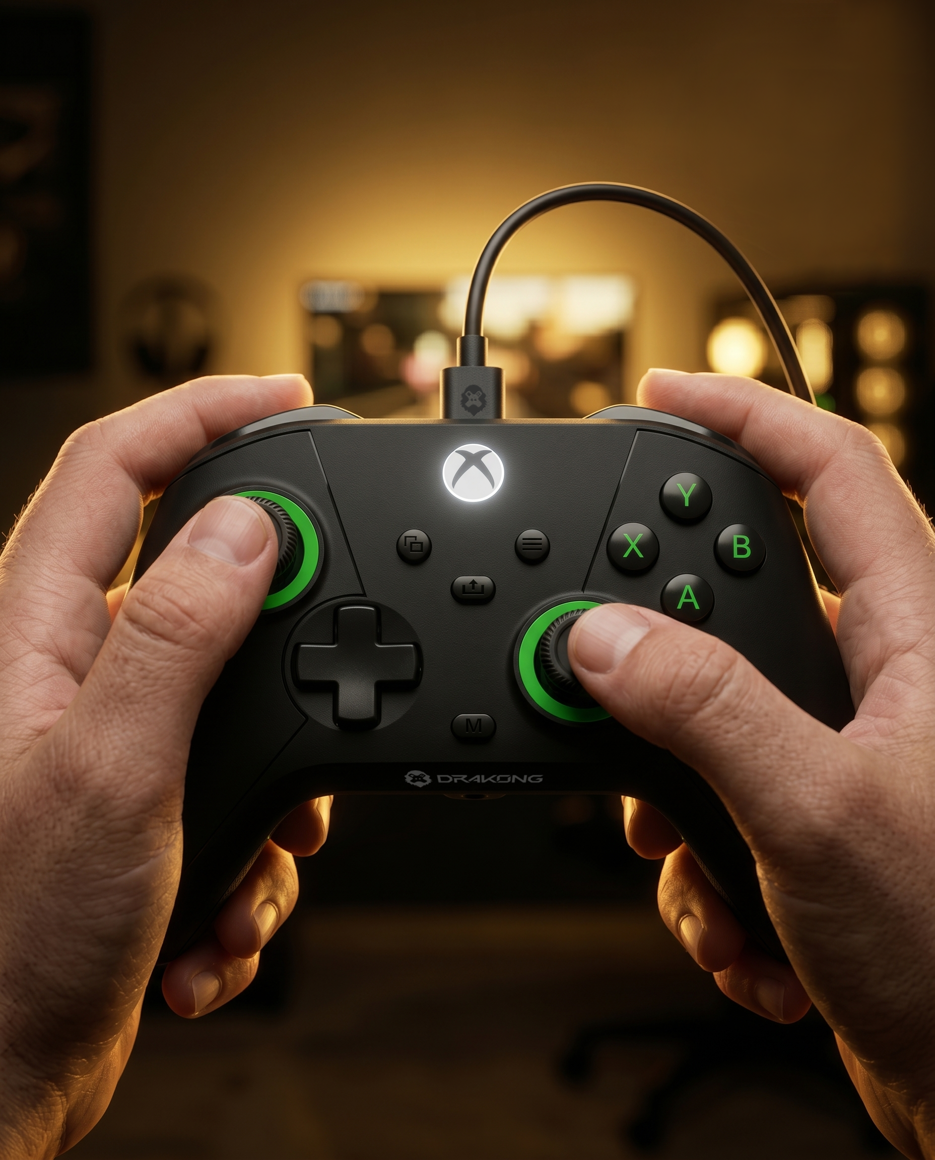 Person holding a black gaming controller with green accents, featuring the Xbox logo.