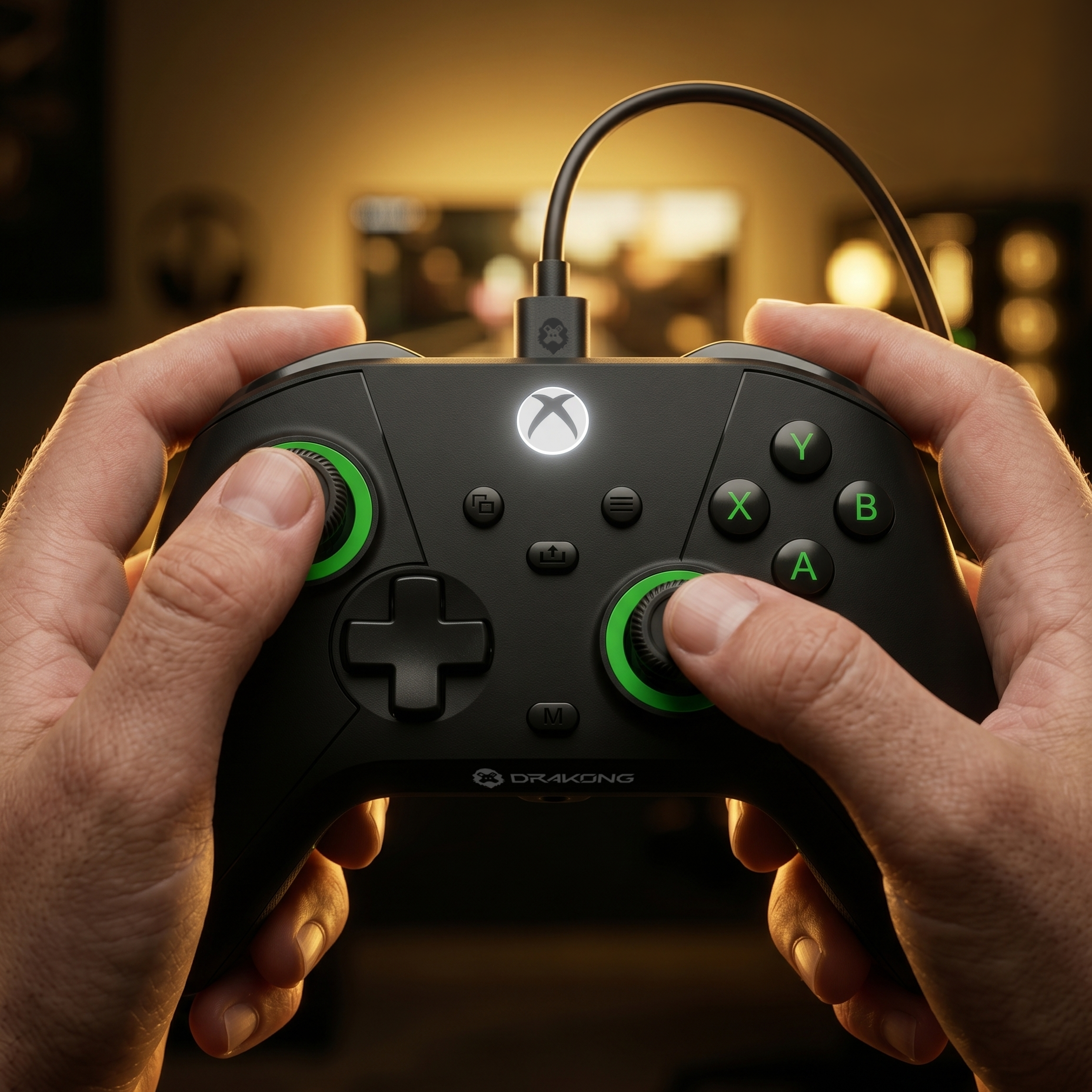 Person holding a black gaming controller with green accents, featuring the Xbox logo.