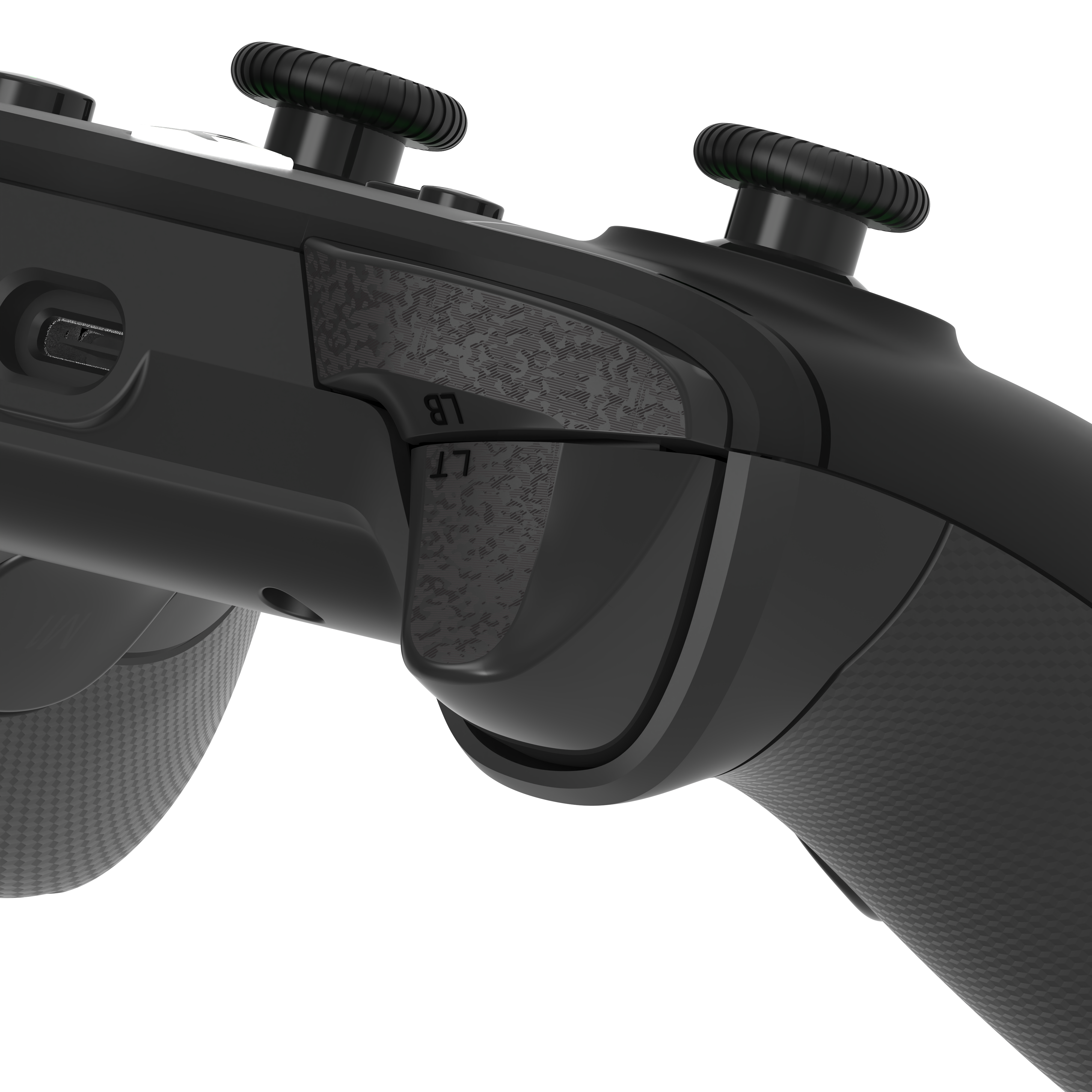 Close-up of a black gaming controller with textured grip and buttons on a white background