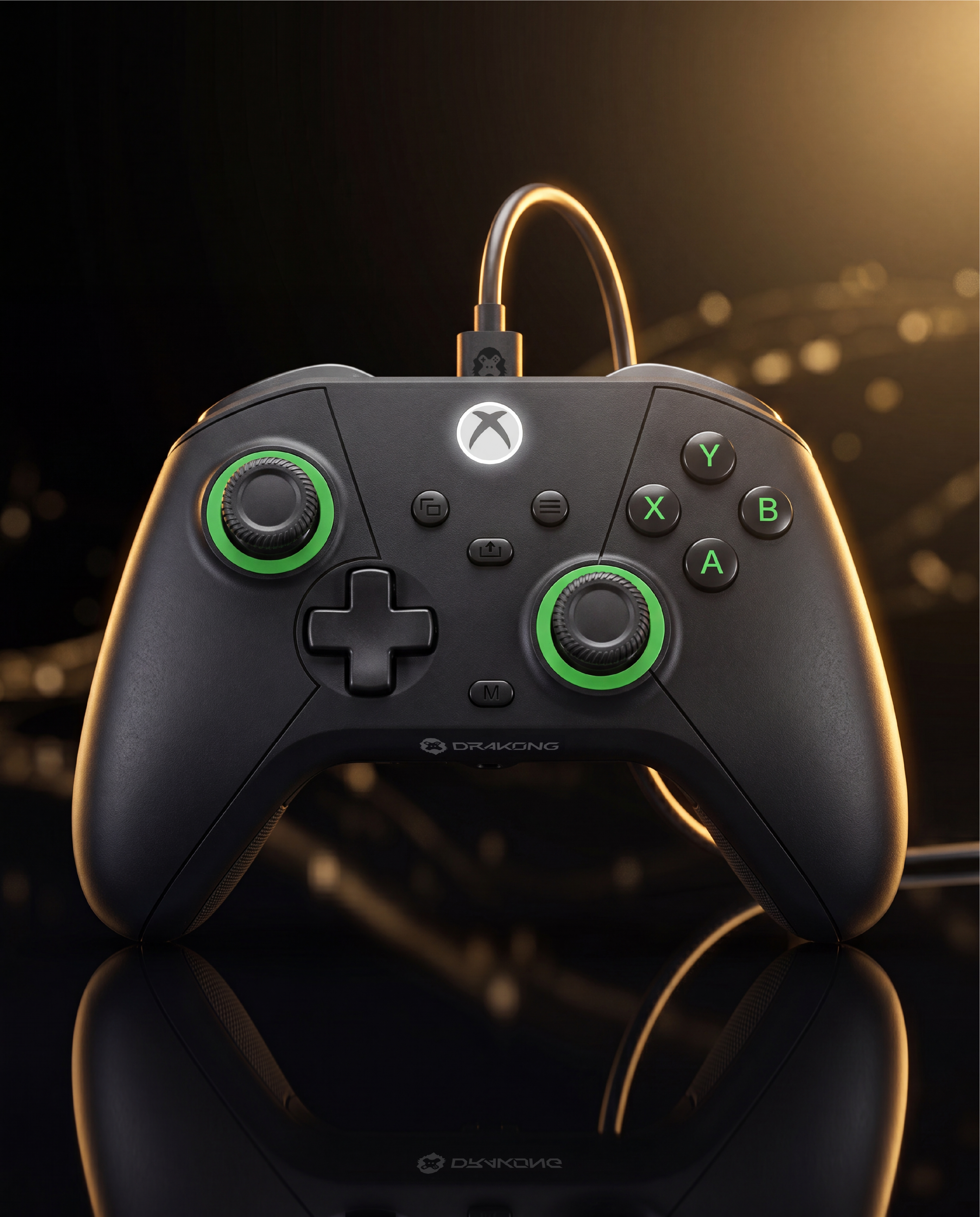 Black gaming controller with green accents on a reflective surface, against a dark background.