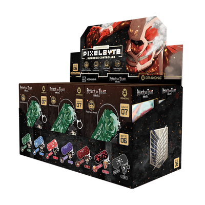 PixelByte Attack on Titan blind box retail display filled with individual blind boxes