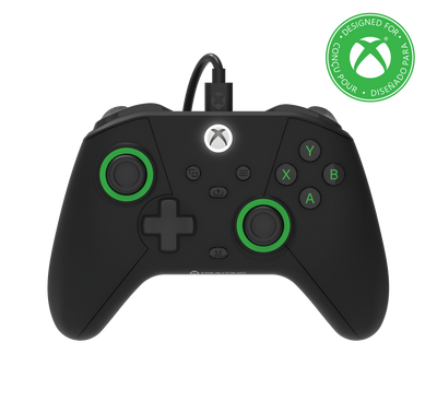 Black Drakong gaming controller with green joysticks, ergonomic Xbox layout, wired performance controller