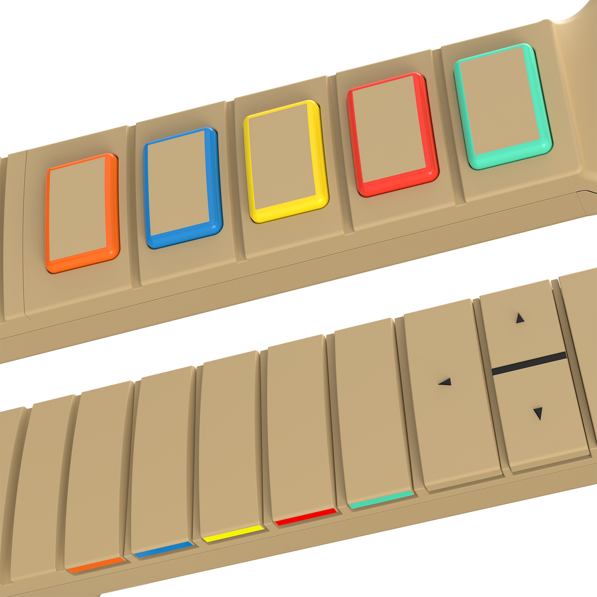 InfinaKore swappable fret buttons in orange, blue, yellow, red and green