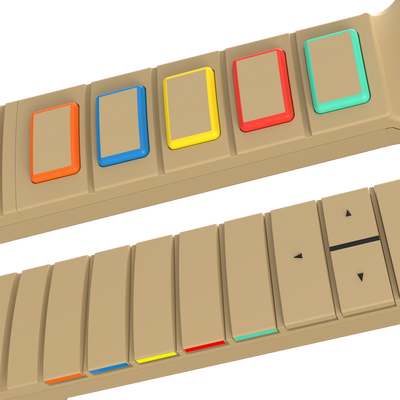 InfinaKore swappable fret buttons in orange, blue, yellow, red and green