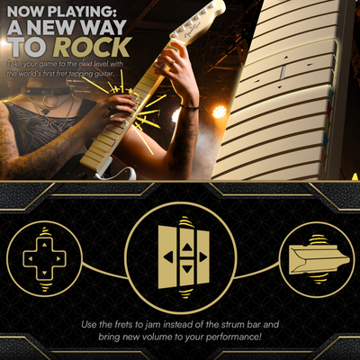 Guitarist playing the InfinaKore, which lets you play with the frets instead of the strum bar