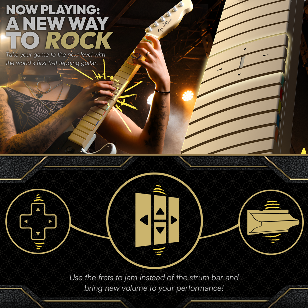 Guitarist playing the InfinaKore, which lets you play with the frets instead of the strum bar