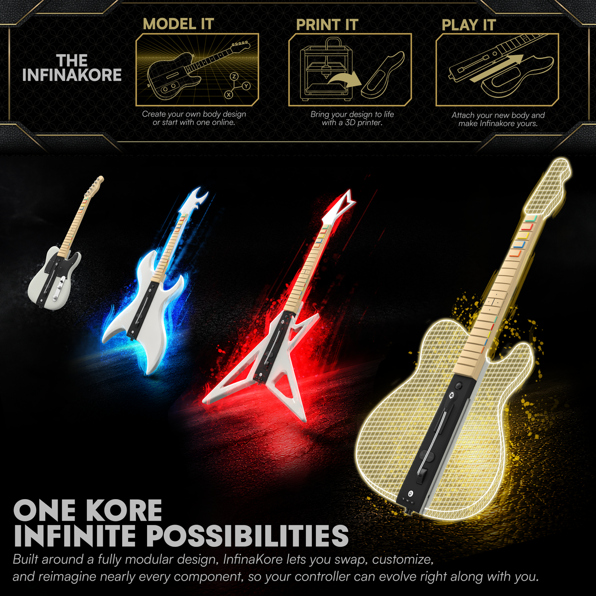 InfinaKore modular design: model, 3D print and attach your own custom guitar bodies