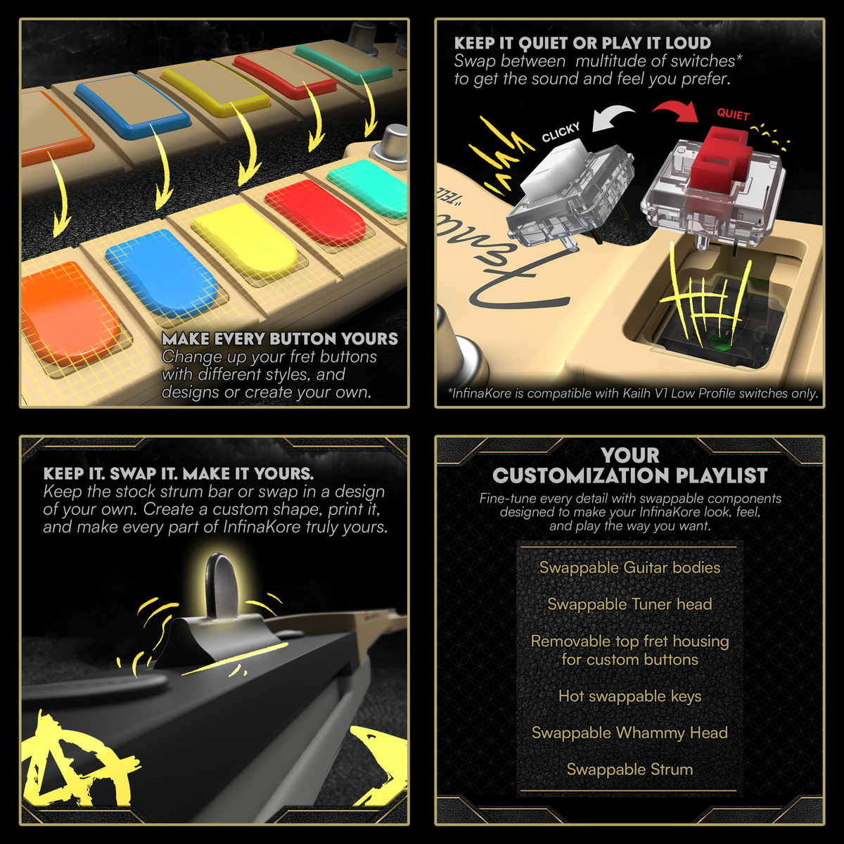 InfinaKore customization: swappable fret buttons, key switches, strum bar and other parts