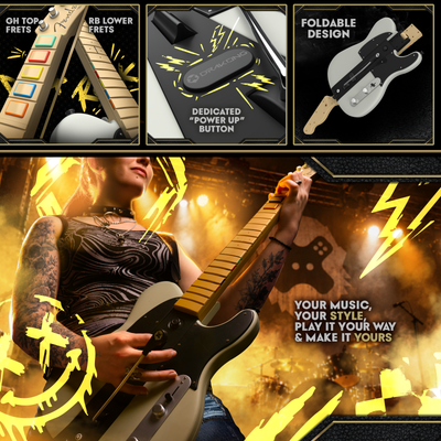 InfinaKore features: GH top frets, RB lower frets, dedicated power-up button and foldable design