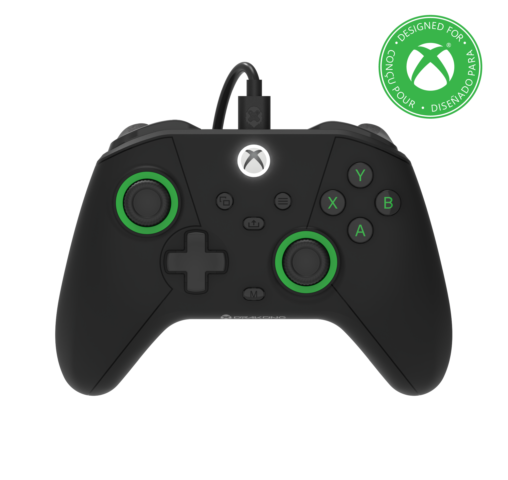 Black gaming controller with green accents on a white background, featuring Xbox branding.