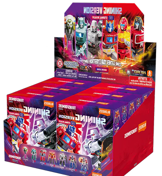 Transformers Shining Version blind box display box filled with toy figures, featuring red, purple, and blue packaging with character illustrations.