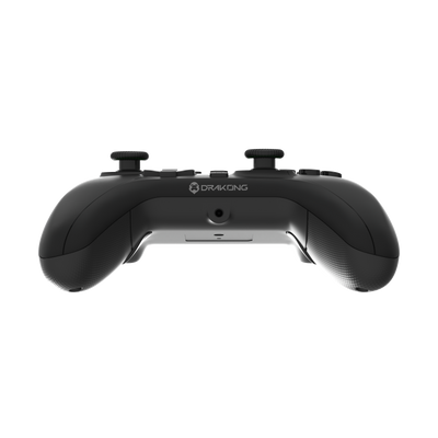 Low rear angle view of black Drakong wired Xbox controller showing grips, underside port, and back shell.