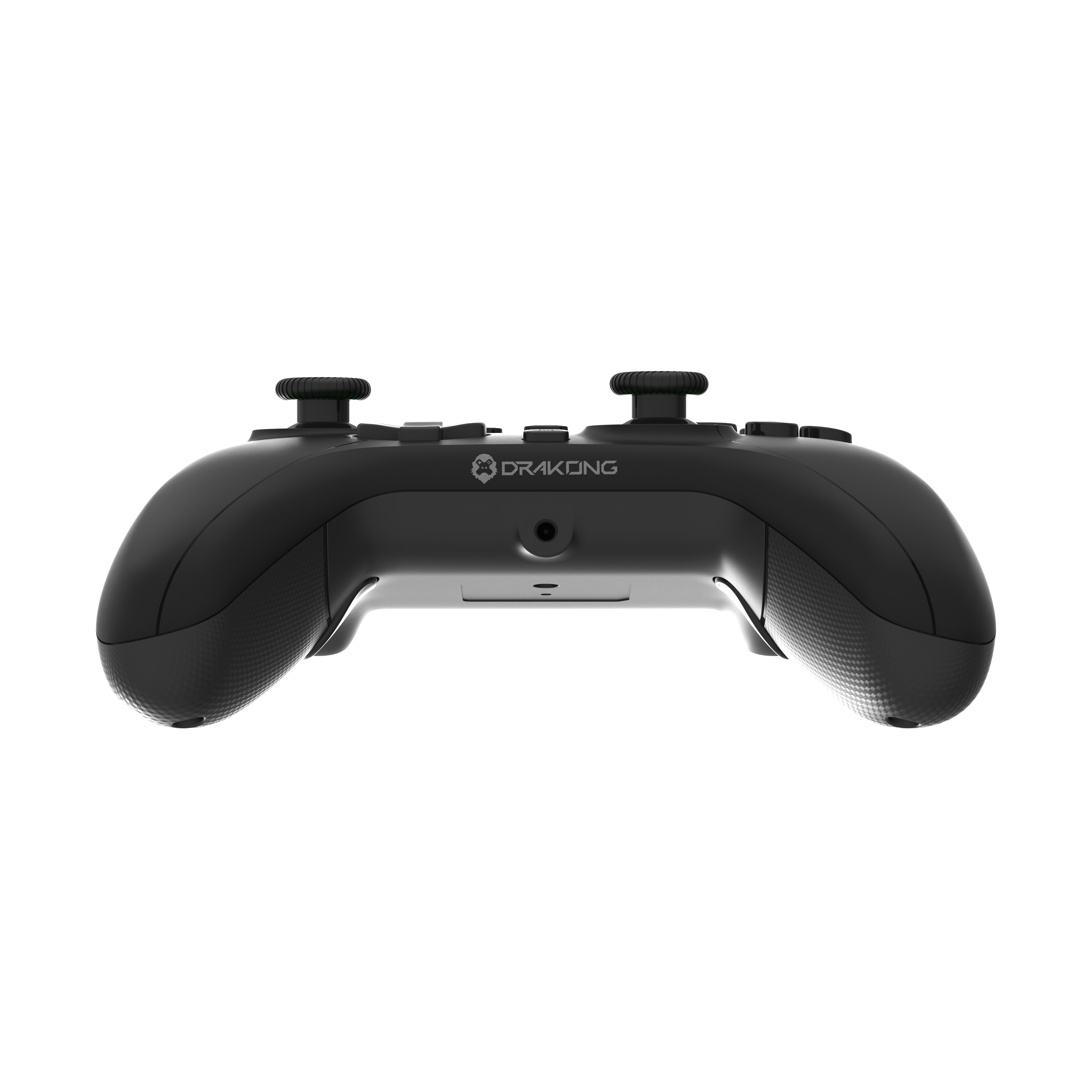 Low rear angle view of black Drakong wired Xbox controller showing grips, underside port, and back shell.