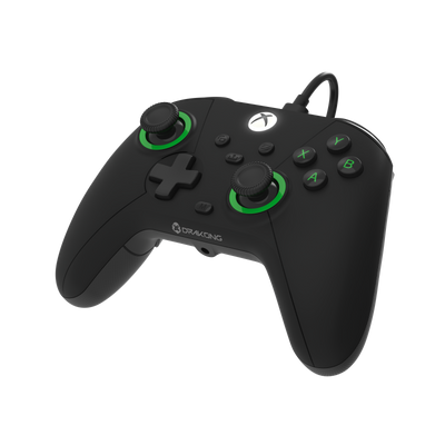 A black wired game controller with green‑ringed sticks and Xbox‑style buttons.

If you want it even more concise, I can make it ultra‑short alt text or medium‑length alt text.
