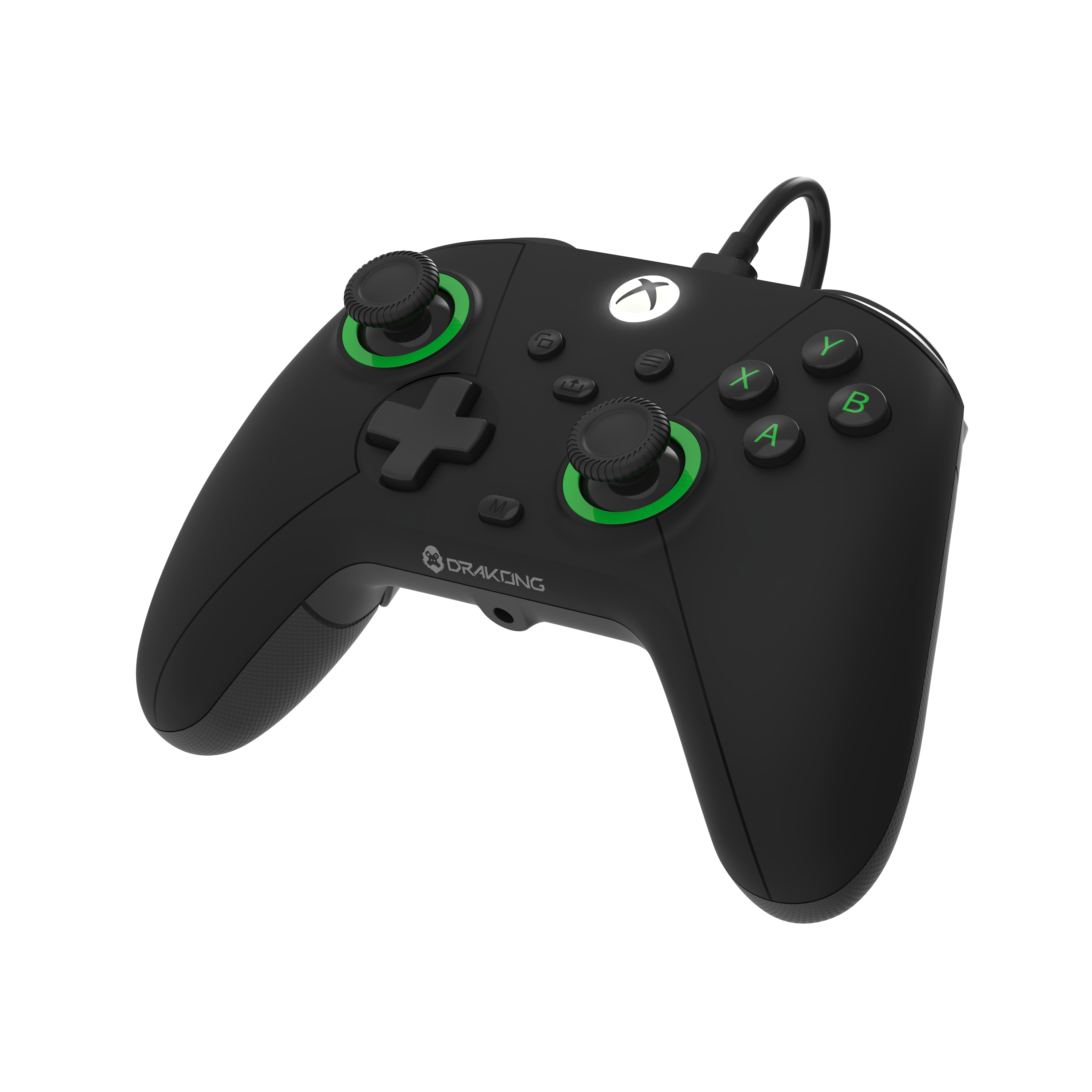 A black wired game controller with green‑ringed sticks and Xbox‑style buttons.

If you want it even more concise, I can make it ultra‑short alt text or medium‑length alt text.