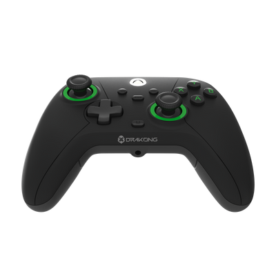 Front view of black Drakong wired Xbox controller with green-accented thumbsticks, D-pad, ABXY buttons, and centered Xbox logo.