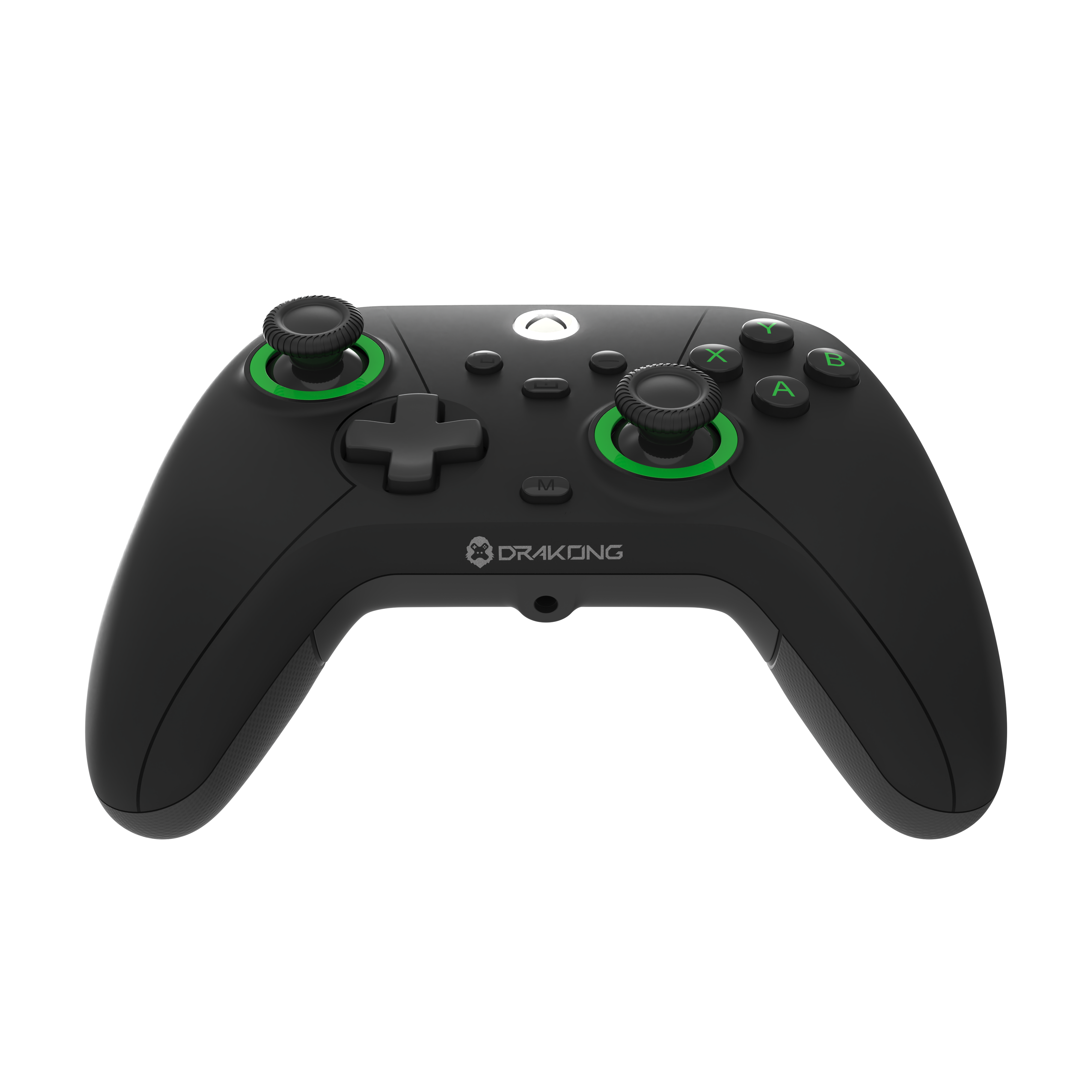 Front view of black Drakong wired Xbox controller with green-accented thumbsticks, D-pad, ABXY buttons, and centered Xbox logo.