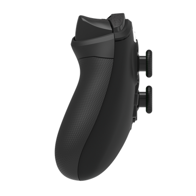 Side view of black wired Xbox controller showing textured grip, analog sticks, and trigger buttons.