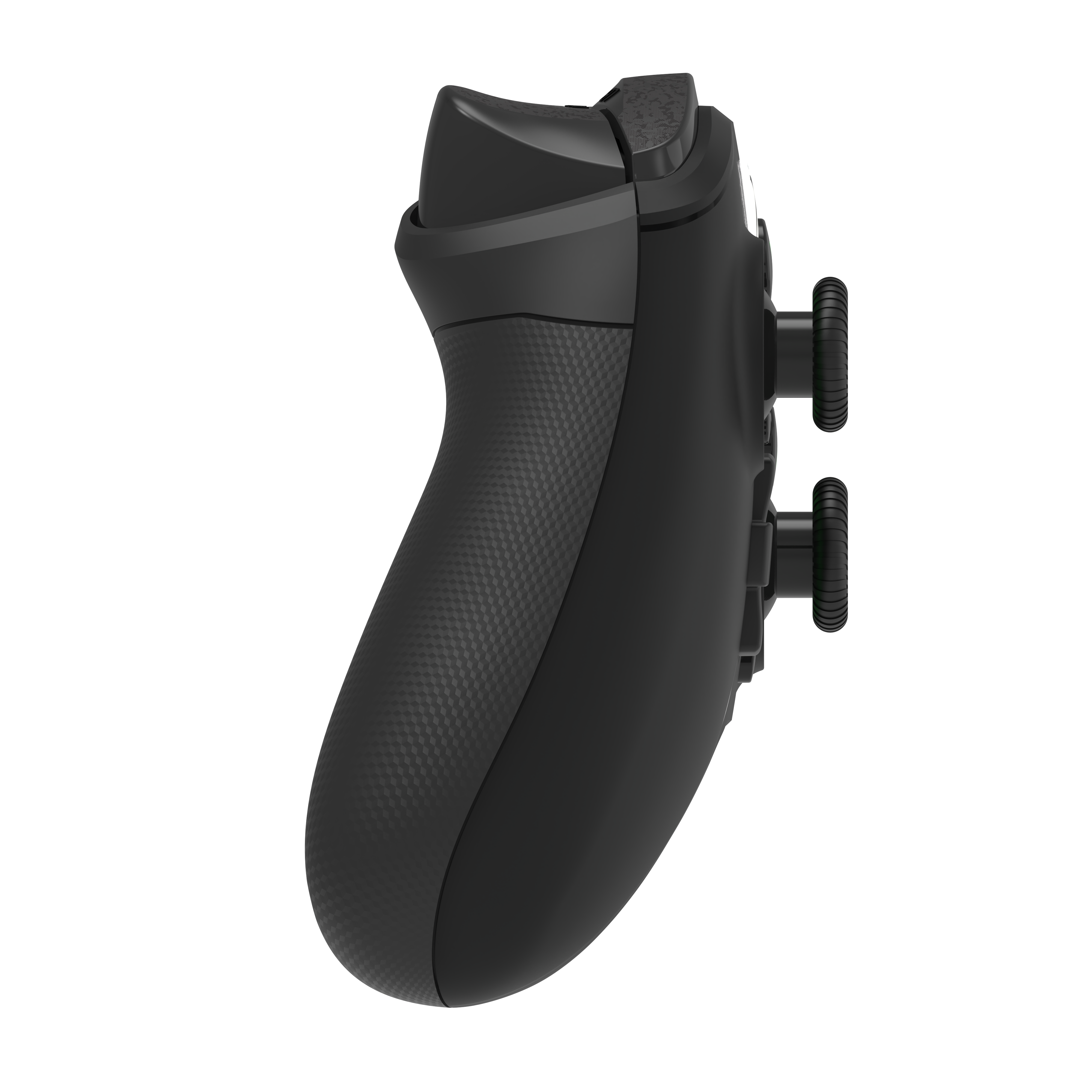 Side view of black wired Xbox controller showing textured grip, analog sticks, and trigger buttons.