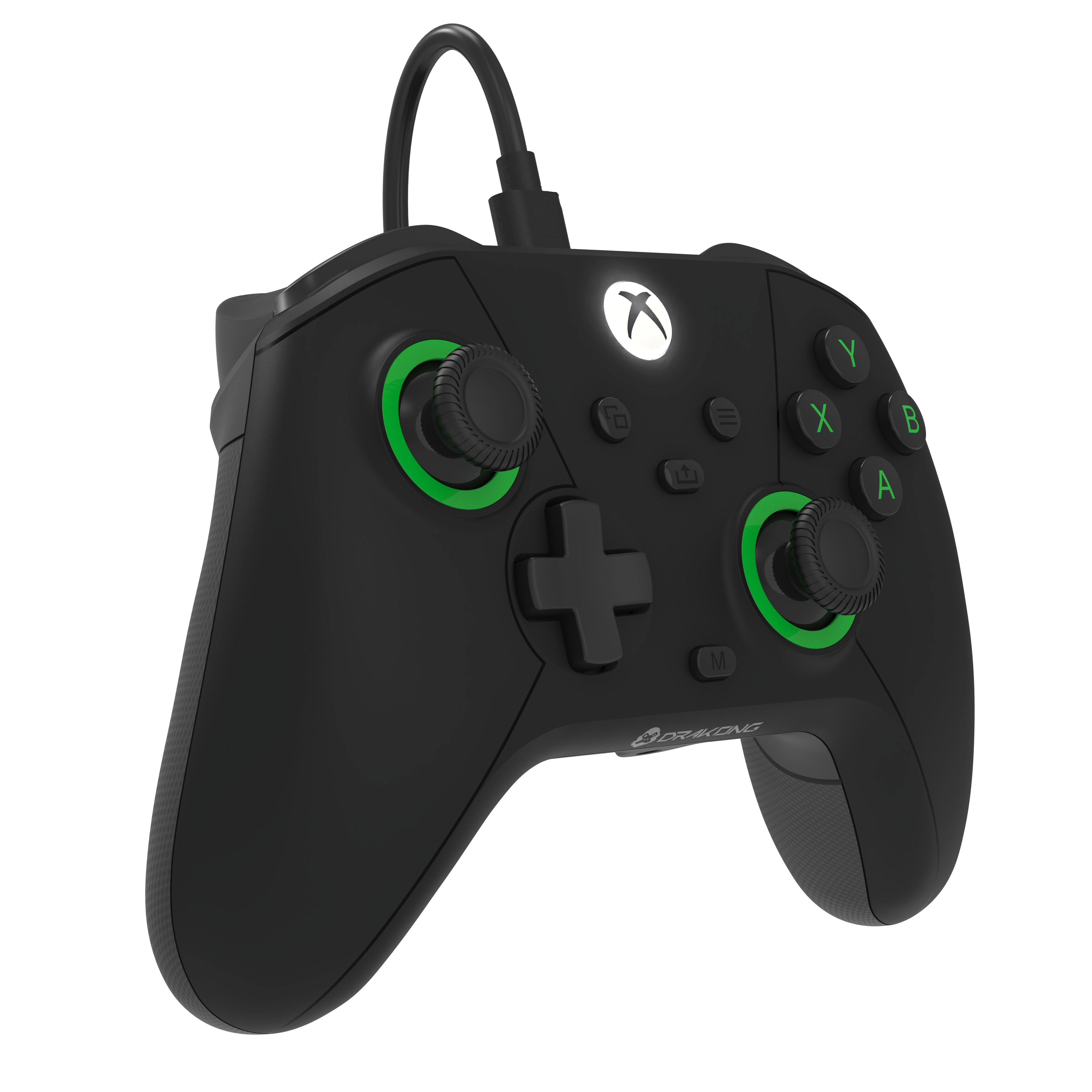Black gaming controller with green accents on a white background