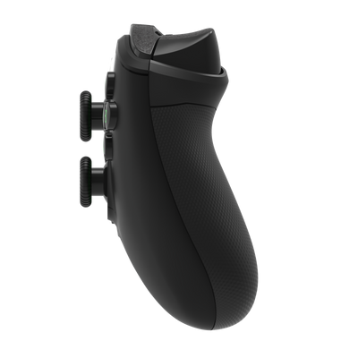 Side view of black wired Xbox controller showing textured grip, analog sticks, and trigger buttons.
