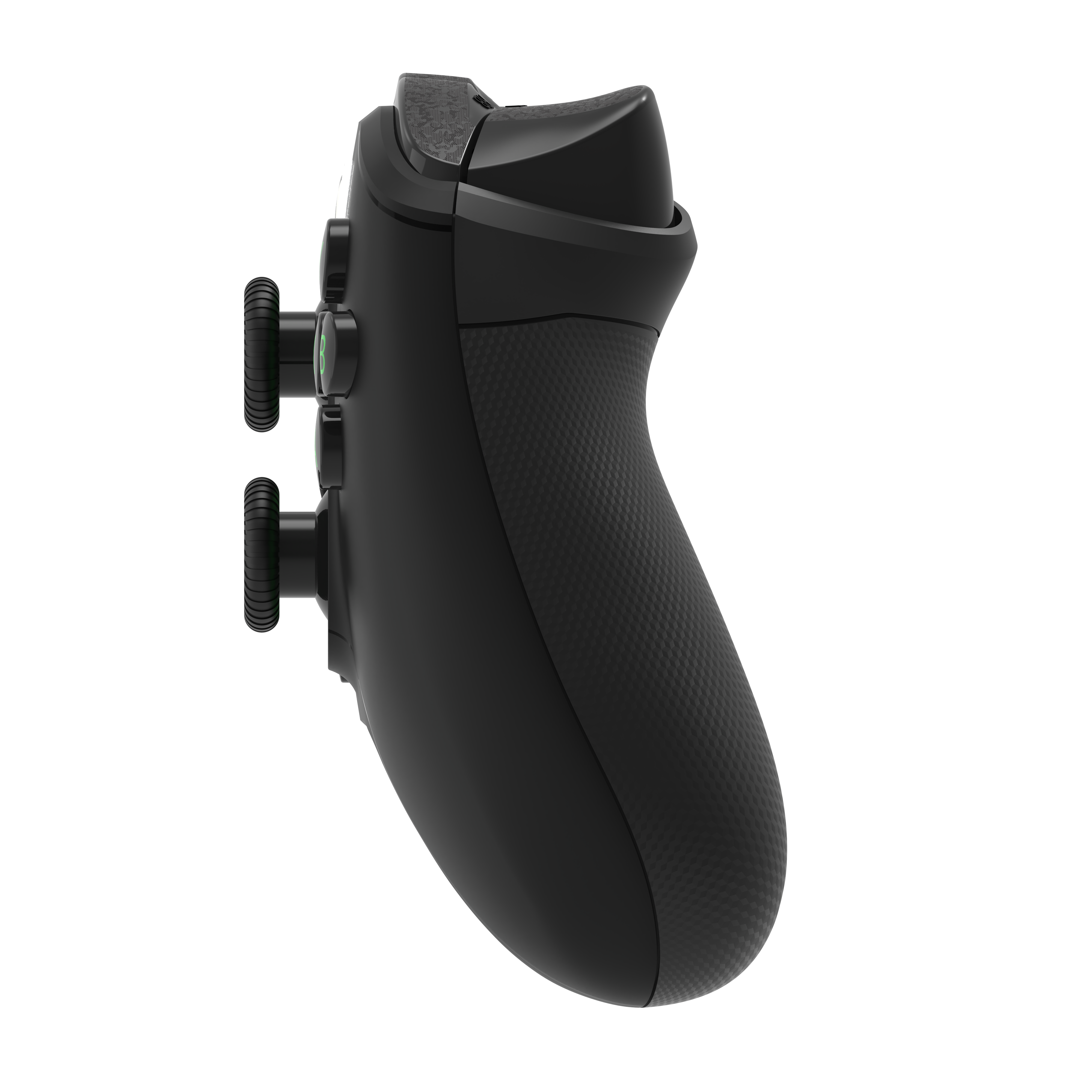 Side view of black wired Xbox controller showing textured grip, analog sticks, and trigger buttons.