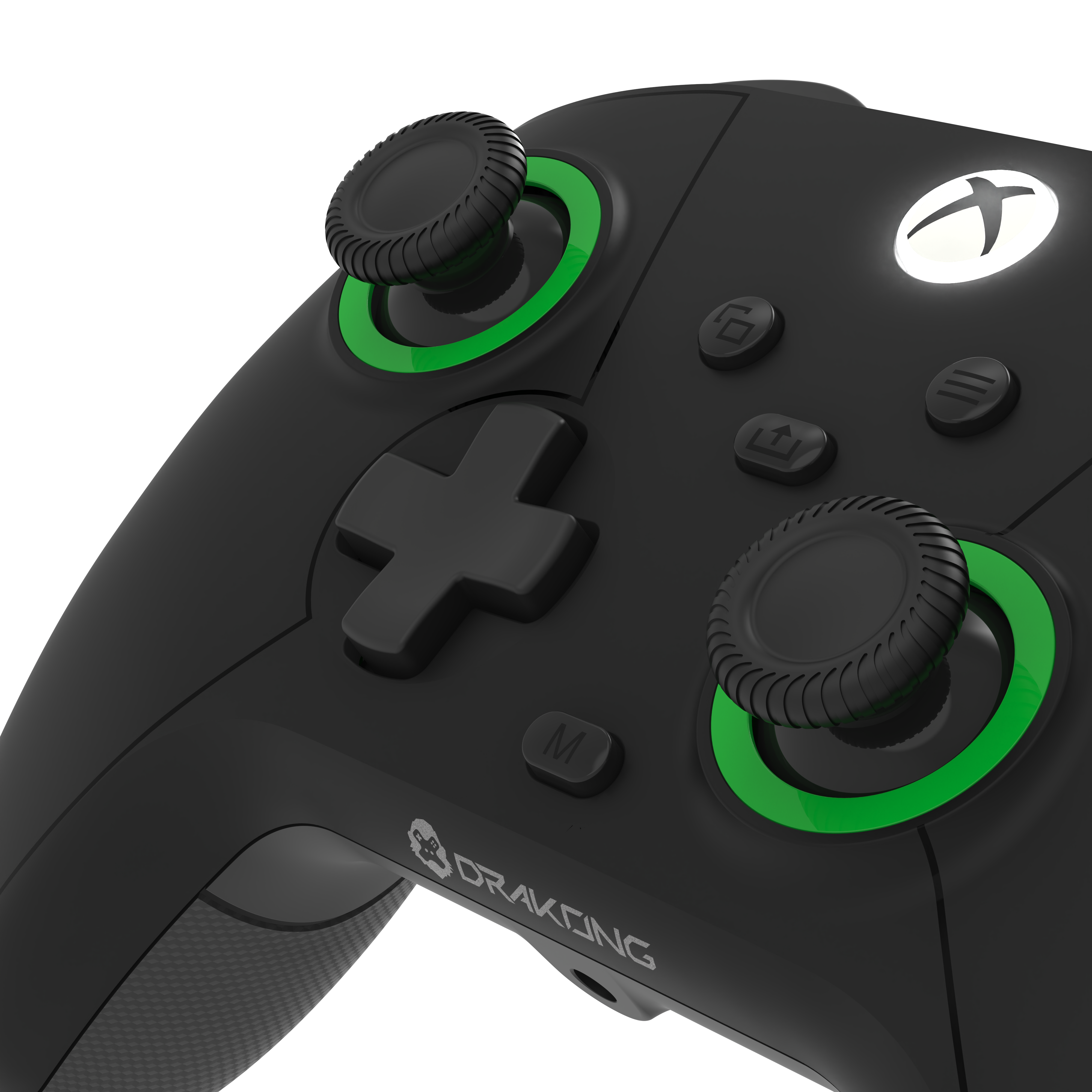 Black gaming controller with green accents on a white background