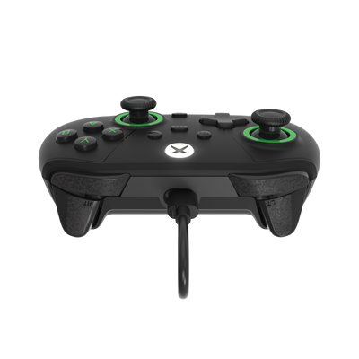 Top view of black Drakong wired Xbox controller showing dual sticks with green accents, D-pad, ABXY buttons, triggers, and connected cable.