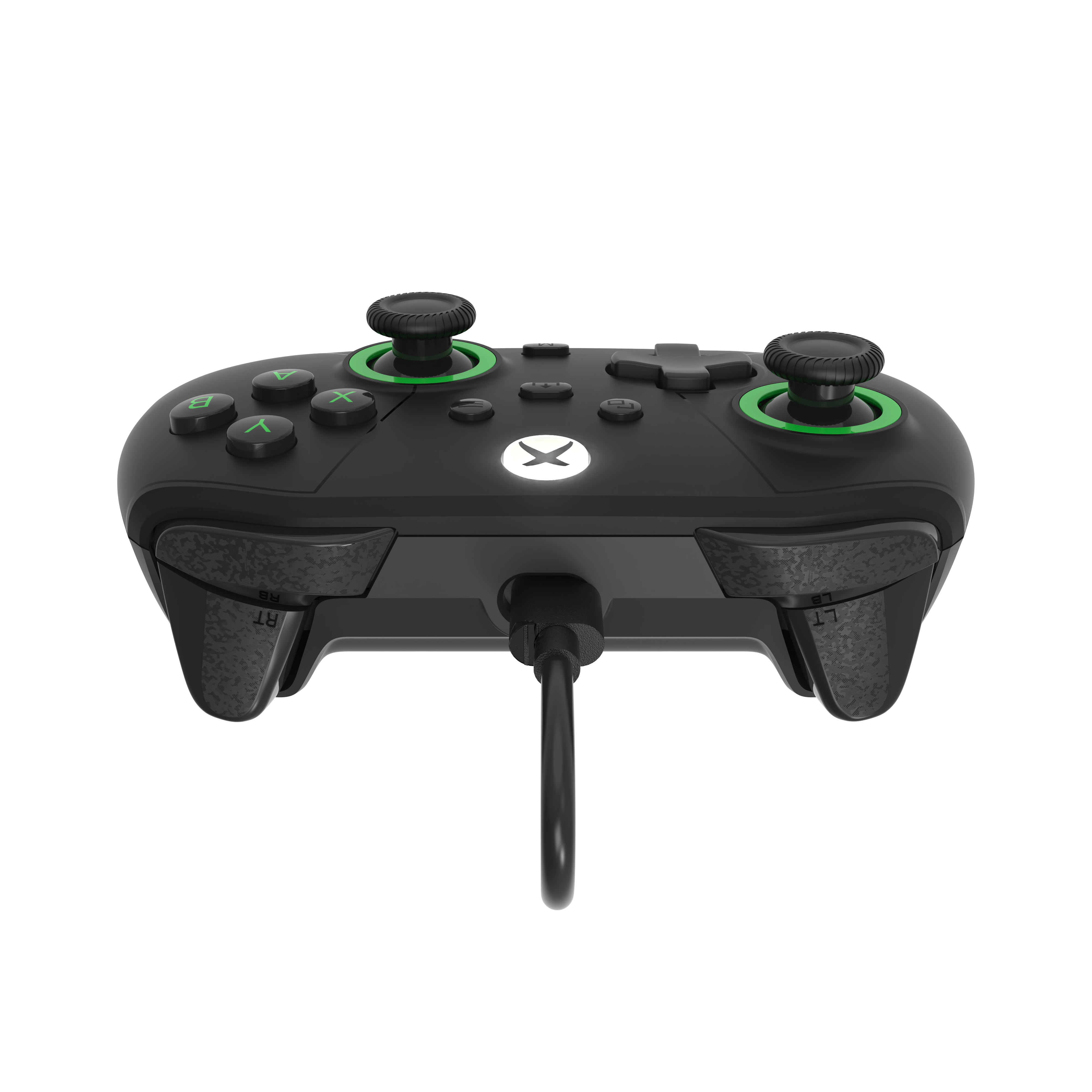 Top view of black Drakong wired Xbox controller showing dual sticks with green accents, D-pad, ABXY buttons, triggers, and connected cable.