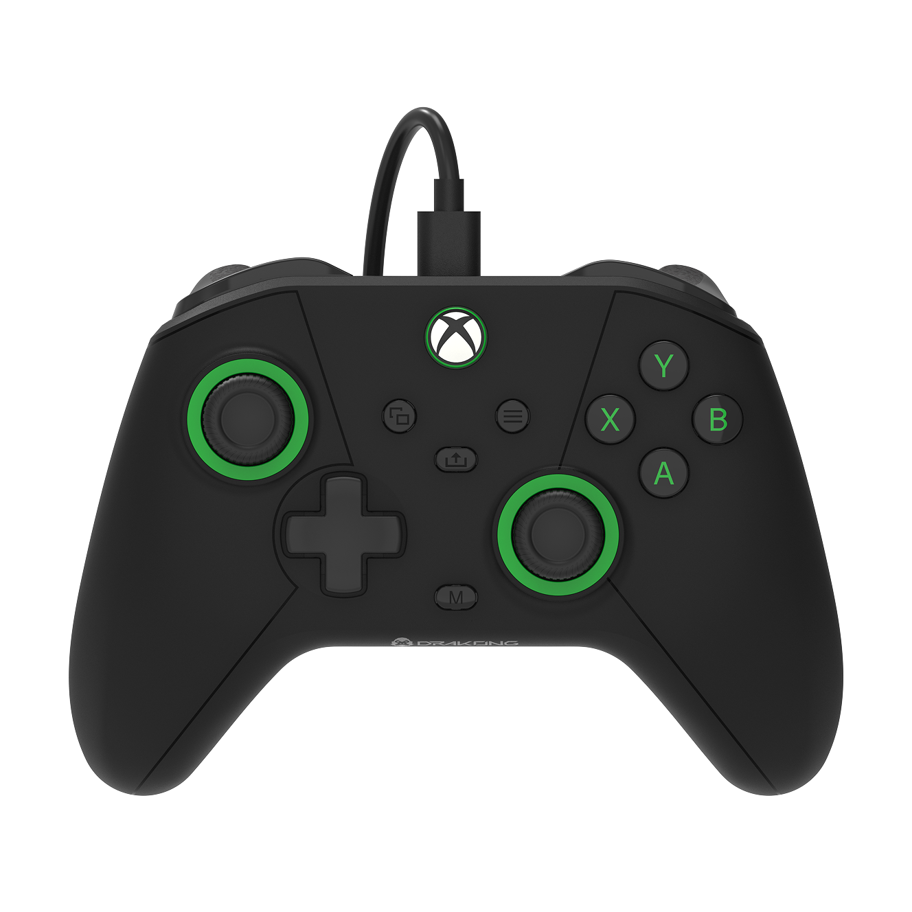 Black gaming controller with green accents on a white background, featuring Xbox branding.
