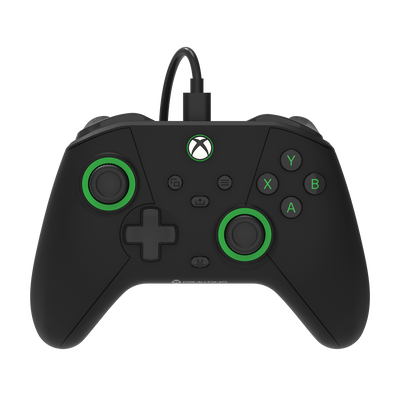 Black gaming controller with green accents on a white background, featuring Xbox branding.