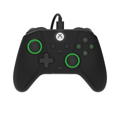 Black gaming controller with green accents on a white background, featuring Xbox branding.