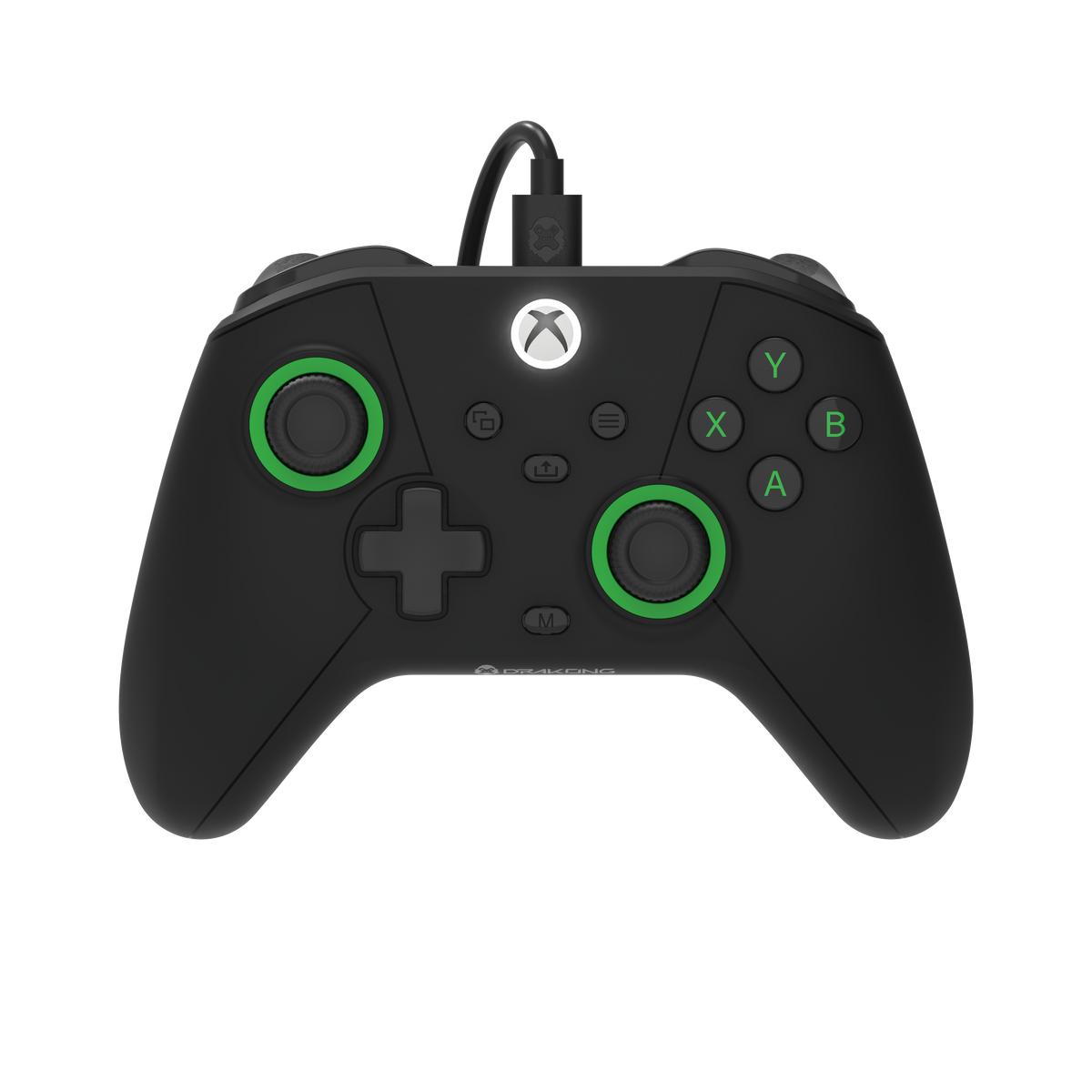 Black gaming controller with green accents on a white background, featuring Xbox branding.